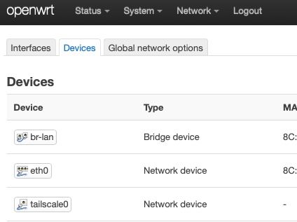Luci web interface showing tailscale device.
